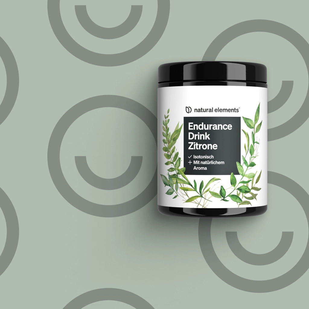 A glass with a product labeled "Endurance", made from natural elements.